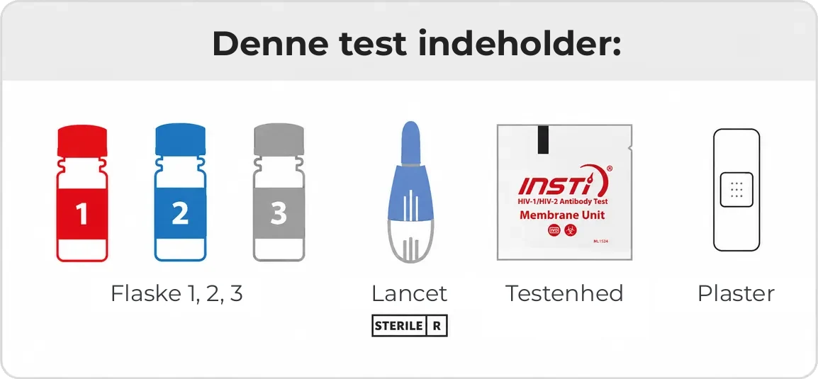 INSTI HIV Self Test kit contents — test device, three solution bottles, lancet, alcohol wipe and instructions