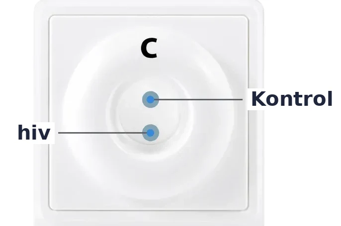 Close-up of the INSTI test result window with the control (C) and HIV dots labelled
